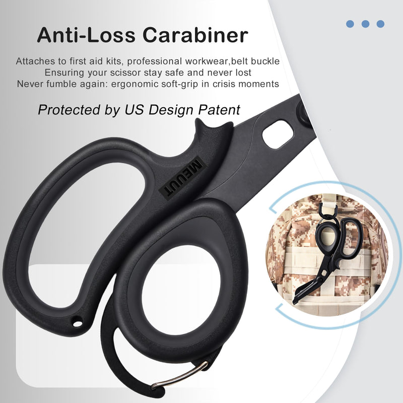 MEUUT 2 Pack Medical Scissors Trauma Shears with Carabiner design for left and right hand, 7.5" Fluoride Coated Non-stick Blades Bandage Scissor for Nurses, EMT, Household, outdoors Black/Black+black/Black