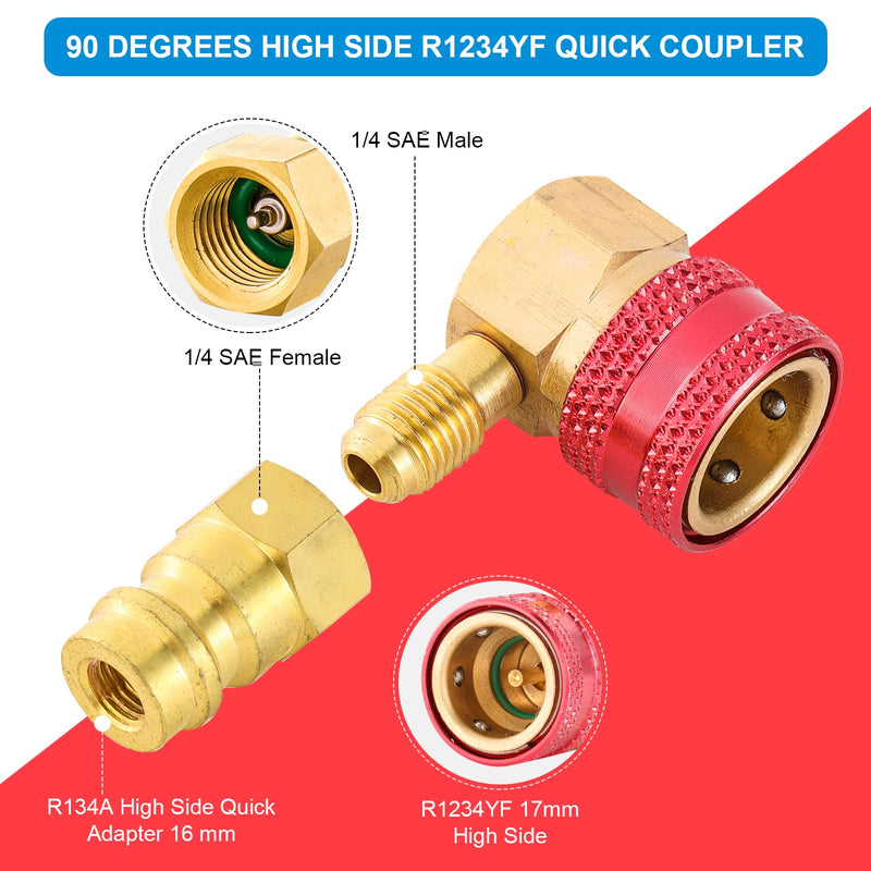 R1234yf Quick Couplers Kit, R1234YF to R134A Quick Coupler Adapter, High/Low Side Quick Coupler R1234YF AC Charging Hose Adapter Fitting Connector for Car Conditioner AC Charging (90° Adapter)