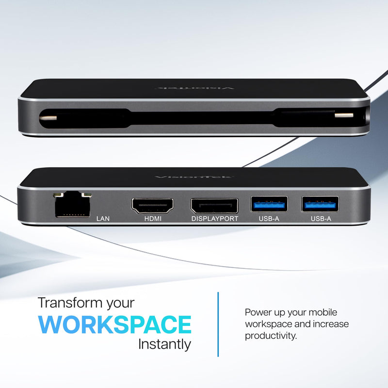 VisionTek VT350 Portable USB-C Dual Monitor Hub - 1x DP, 1x HDMI, 2X USB-A, 1x Ethernet, 1x USB-C for Windows/MacOS/ChromeOS/iOS | Dual Display via HDMI/DP, 100W PD USB-C hub, Plug & Play, Windows MST, Mac SST Support, Travel Dock, Charger not included