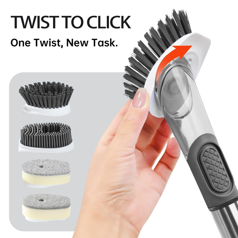Soap Dispensing Scrub Brush - 4-in-1 Kitchen Cleaning Brush with Built-in Tank, Scraper Heads for Stubborn Grime on Pots Pans, Stand/Hang Storage-Grey 5 Gray