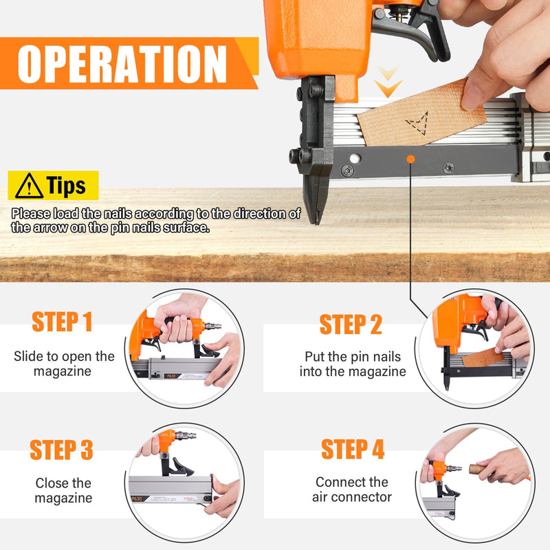P630 23 Gauge Pneumatic Pin Nailer with 10,000PCS 1/2" Pin Nails | 1/2" to 1-3/16"(12-30mm) Leg Length, Micro Pinner with Safety, Air Headless Pin Nail Gun for Furniture, Cabinets P630