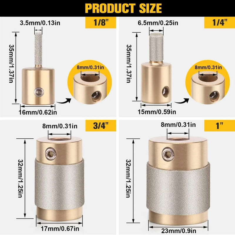 Glass Diamond Grinder Bit Head Tools Stained Glass Drill Bits Brass Core Stained Grinder Bits Stain Tools 4 Sizes 1" 3/4" 1/4" 1/8" 1 3/4 1/4 1/8 in