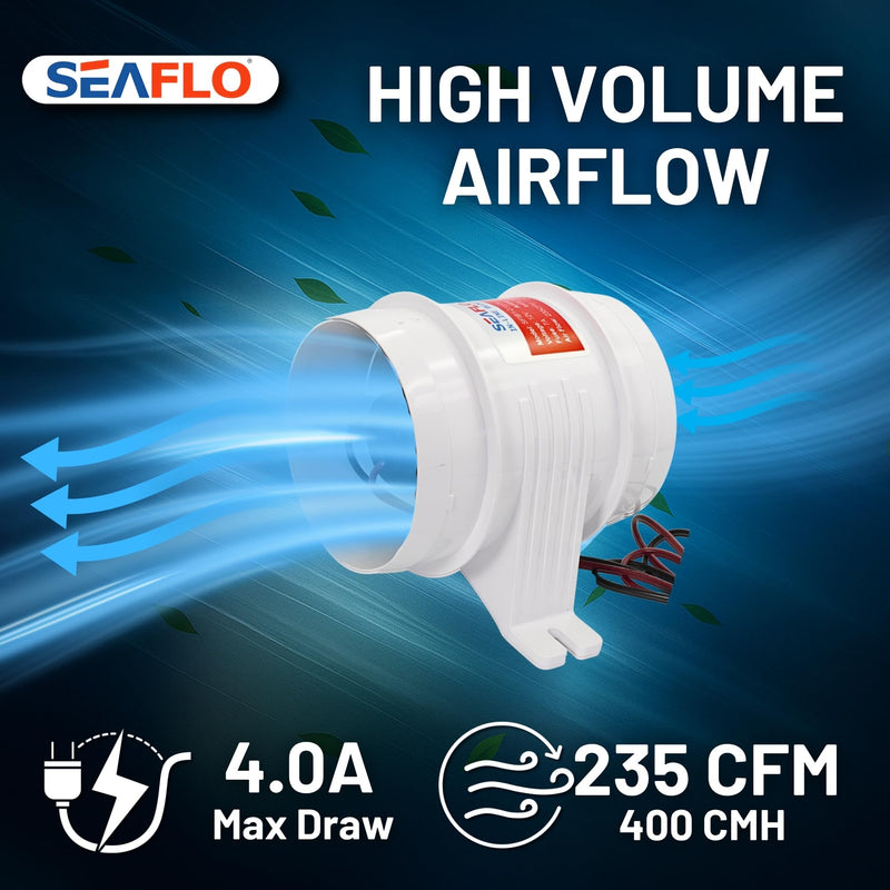 SEAFLO in-Line Marine Bilge Air Blowers- 12V, 3 or 4", 130-270 CFM Ultra-Quiet Operation 4 or 3 Inch for Yacht/Sailboat/Boat- ISO 8846, CE & RoHs Certified - 4-Year Warranty 4" 235 CFM