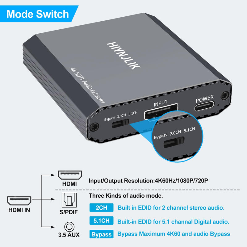 HDMI Audio Extractor 4K60 HDMI to Optical 3.5mm AUX Audio Adapter Splitter Converter Support HDCP Digital DTS 5.1 PCM HDMI Audio Extractor