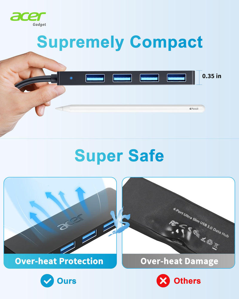 Acer USB Hub, 4 Ports Multiple USB 3.0 Hub, USB Data Hub for Laptop with USB C Power Port, USB Extender for A Port Laptop, Windows, Linux, Acer PC, and More(0.7ft) 0.7ft USB-A 3.0