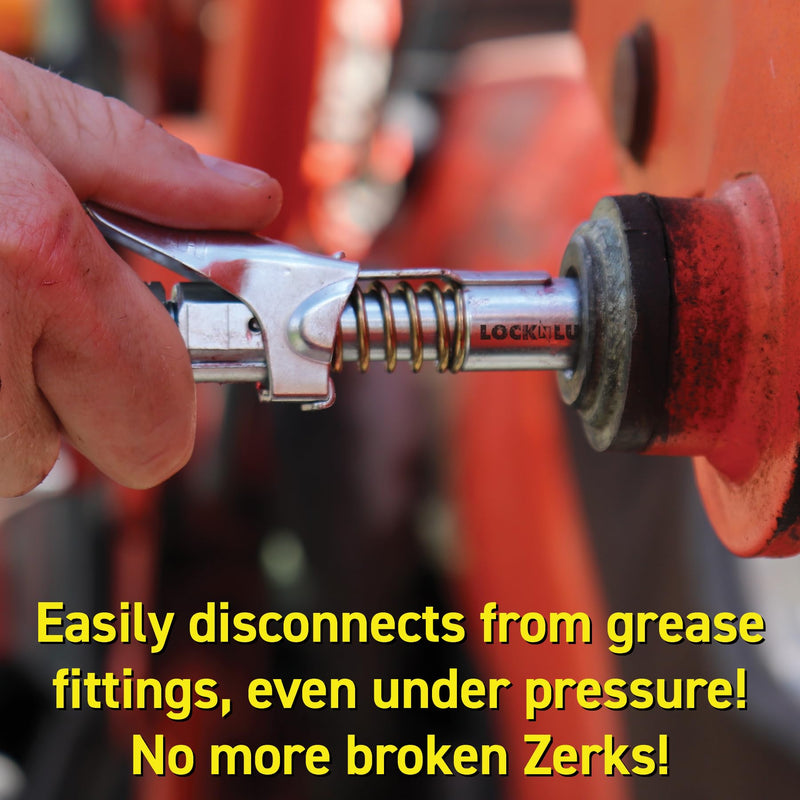 LockNLube Grease Gun Coupler locks onto Zerk fittings. Grease goes in, not on the machine. World's best-selling original locking grease coupler. Rated 10,000 PSI. Long-lasting rebuildable tool. NPT With Spare Rebuild Kit