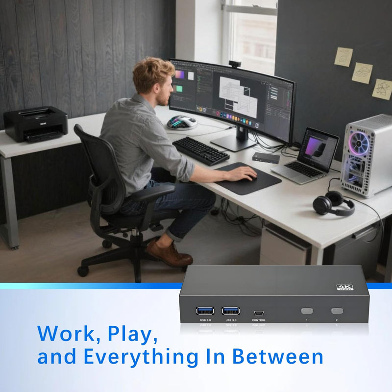 DisplayPort USB 3.0 KVM Switch 1 Monitor 2 Computers 8K@60Hz 4K@144Hz KVM Switcher 2 in 1 Out with 4 USB-A, 2 USB-C, Wired Controller for Laptop, Desktop