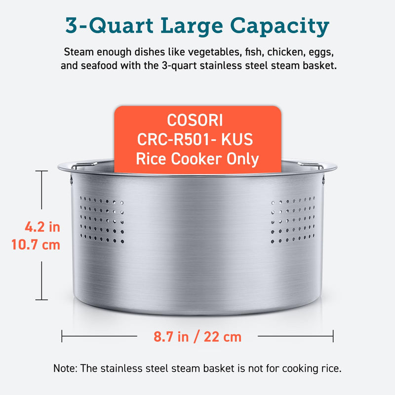 Cosori 3-Quart Steamer Stainless Steel Steam Basket, CRC-R501- KUS Rice Cooker Only, 8.7D X 8.7W X 4.2H in, Silver