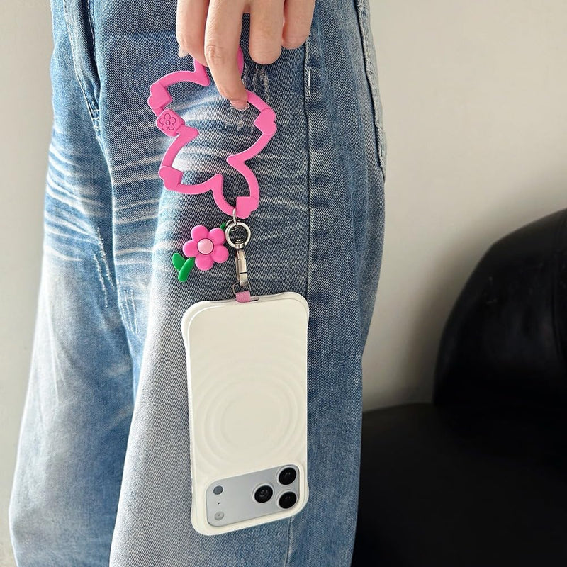 XZC Cute Floral Silicone Phone Charm Wrist Strap, Cherry Blossom Flower Pendant Keychain Lanyard, Colorful Anti-Drop Wristband Sakura Pink