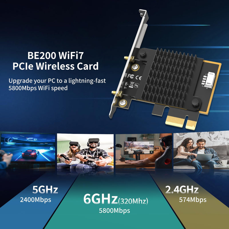 WiFi 7 PCIe Wireless Card Intel BE200 NGW, Bluetooth 5.4, 5800Mbps. NICGIGA Network adapter Support Windows 10/11 (64bit), Ideal for WiFi7/WiFi6E/WiFi6/WiFi5 Router and Wireless AP