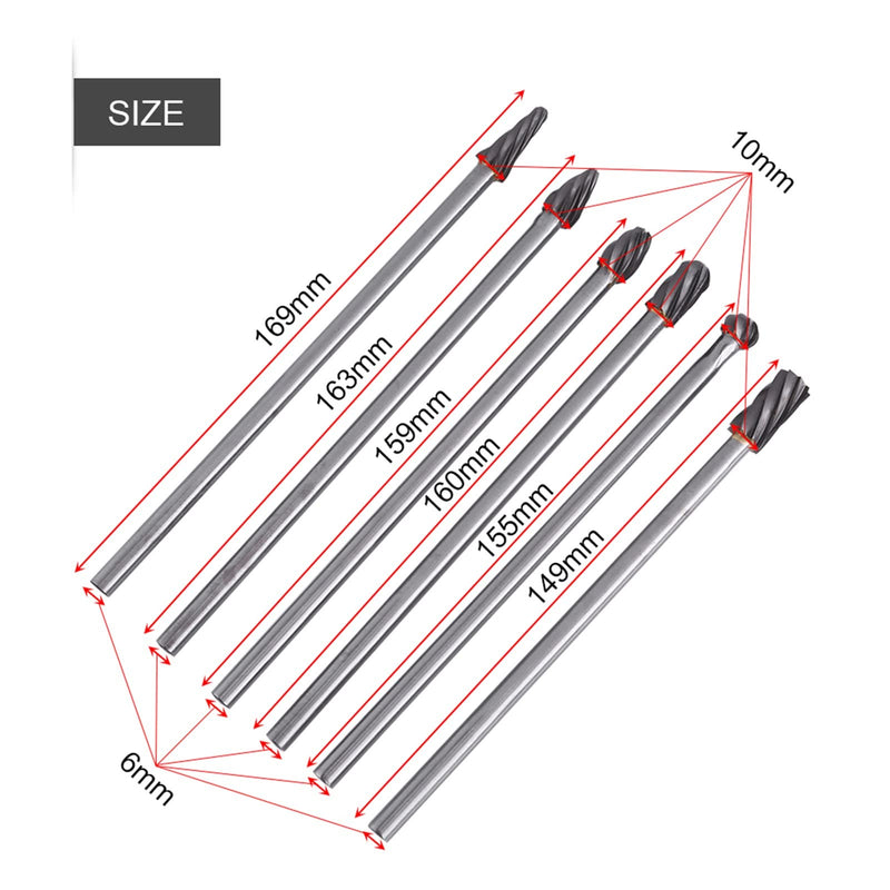 Rotary File, Rotary Bit Set, port and polish kit cylinder head porting tools 6pcs Tungsten Carbide Aluminum Rotary Files Burr Set 6mm Shank 10mm Cutting Diameter with High Abrasion
