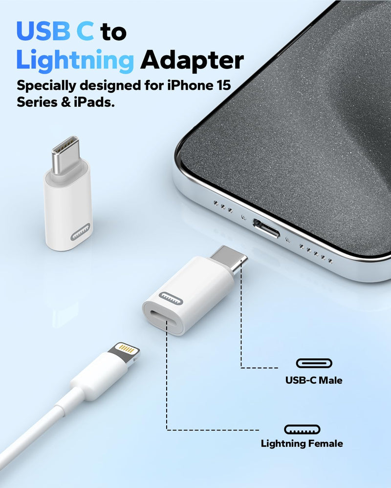 MoKo Lightning Female to USB C Male Adapter 4 Pack, Lightning to USB C Converter for iPhone 15 Series, iPad, iPhone to USB C Adapter for Fast Charging/Data Transfer, NOT for Audio/OTG, White PD 4pack