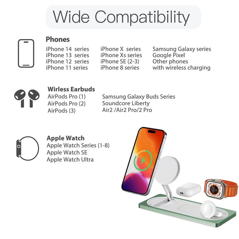 3 in 1 Charging Station for Apple Devices: Used for iPhone and Watch Charging Station with Magsafe Charger Stand, Wireless Charger for iPhone 16/15/14/13/12, Apple Watch 1-9/Ultra, AirPods 3 Pro Sprout Green