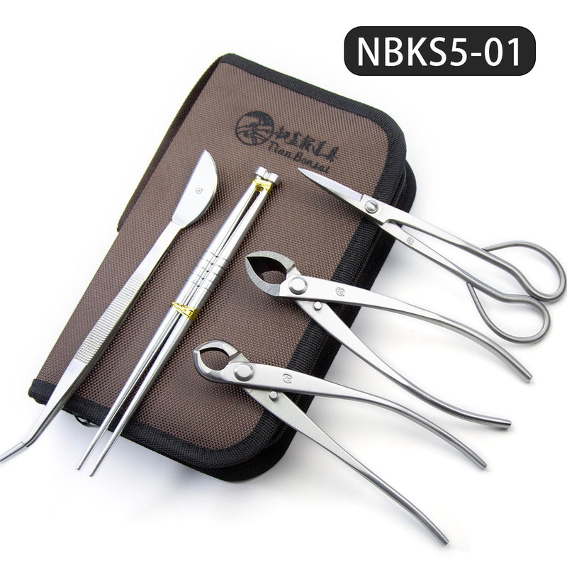 Small Size TianBonsai Bonsai Tools 5-Piece Alloy Steel Bonsai tool Kit In Cluding 180mm Long Handle Scissors / 180mm Branch Cutter / 180mm Knob Cutter / 200mm Straight Root Hook/Tweezers (NBKS5-01)