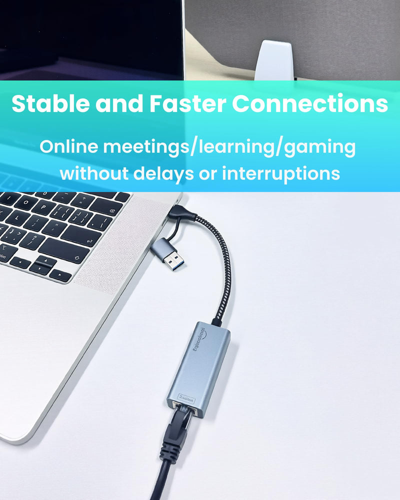2.5G USB Ethernet Adapter 2-in-1, Aluminum Fast USB-C&USB-A to RJ45 Network Adapter Compatible with Laptop/PC, Windows, Mac, Linux,Plug & Play 2.5G USBA+USBC TO RJ45