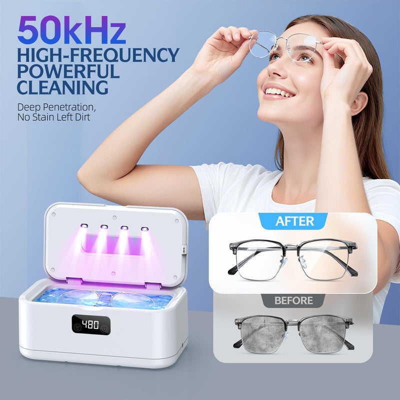 Ultrasonic Jewelry Cleaner, 50Khz Jewelry Cleaner Ultrasonic Machine for Jewelry, Eyeglasses, Rings, Watch Strap, Dentures, 24oz - 304 Stainless Steel Tank, Digital Timer White