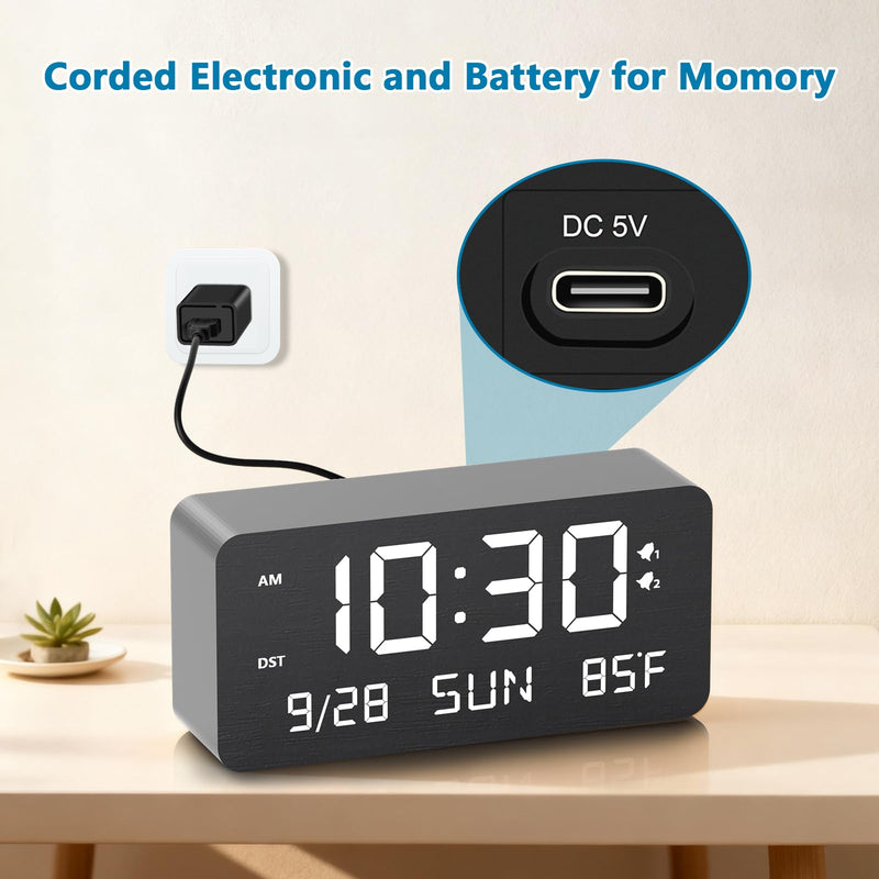 Wooden Digital Alarm Clock for Bedroom - Desk Clock with Date, Day of Week, Temperature, Dual Alarms, Dimmer, USB Port Charge, DST, Adjustable Volume for Living Room/Office Wood Decor (Black) Bl-rectangle