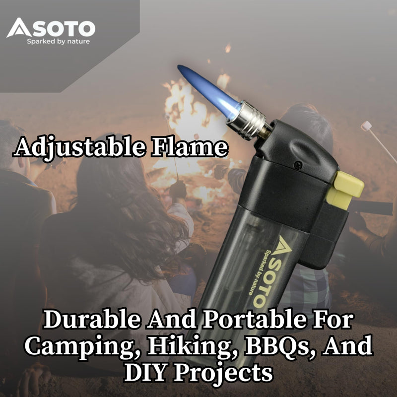 SOTO Butane Torch Lighter, Compact Windproof Pocket Lighter, Refillable, Adjustable Flame, Durable and Portable for Camping, Hiking, BBQs, and DIY Projects. Shipped Empty.