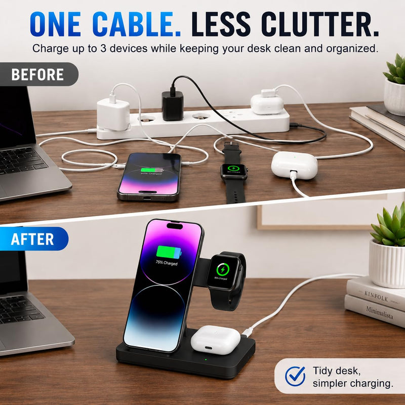 3 in 1 Charging Station,Wireless Charger iPhone Charger Stand Multiple Devices for iPhone 17-8 Series,Apple Watch 11-2 SE and Ultra Series, Airpods 4 3 Pro black