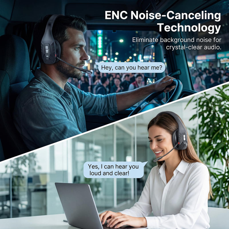 SINWE Trucker Bluetooth Headset with Noise Reduction Microphone | Wireless Trucker Headset with Mute Button, 70H Playtime, Dual Device Pairing for Driving, Work, and Call Center, Black Comfort
