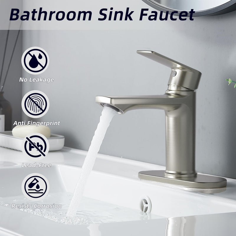 BELZ 2 Pack Brushed Nickel Single Handle Bathroom Sink Faucet,Faucet Only | Tool-Free Easy Installation，Pre-Installed Supply Lines，Without Deck plate & pop-up drain，Fits Most 1-Hole Vanity Sinks 2 Pack-Brushed Nickel