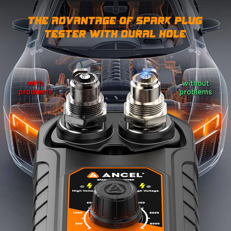 (Upgraded SP02) ANCEL SP21 Spark Plug Tester, Dual Holes Test Spark Plug Tool, Car Motorcycle Engine Ignition Tester 0 to 6000RPM Spark Tester Socket with Mistake-Proof Design Orange