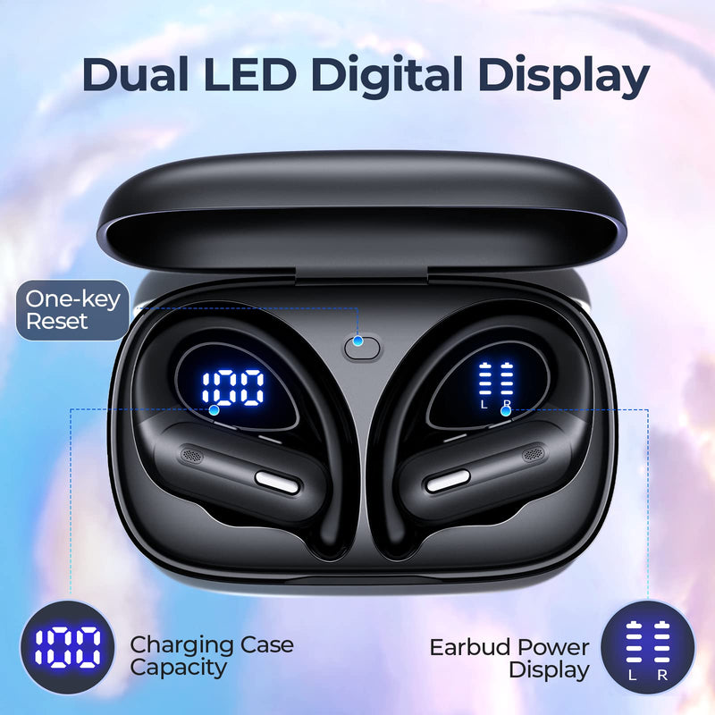 GNMN Wireless Earbuds Bluetooth Headphones 90 Hrs Playtime Ear Buds with Hi-Res Stereo Deep Bass Power Display Earphones with Earhooks Waterproof Transparency Headset Sports/Running