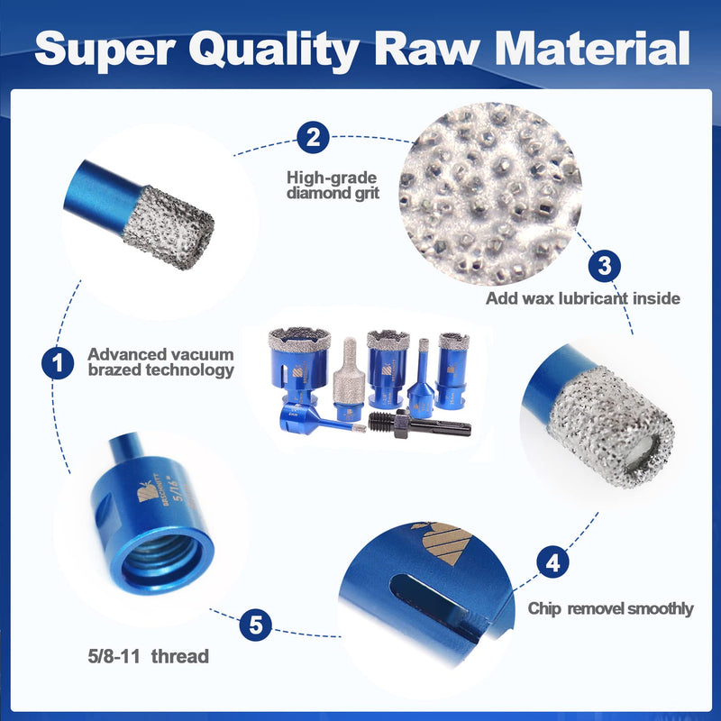 Diamond Core Drill Bit Set - 6/8/25/35/50mm Diamond Hole Saw & for Porcelain Tile Ceramic Marble Granite Drilling 10-25mm Diamond Finger bit with 5/8-11 Thread&Adapter 7 Kit5