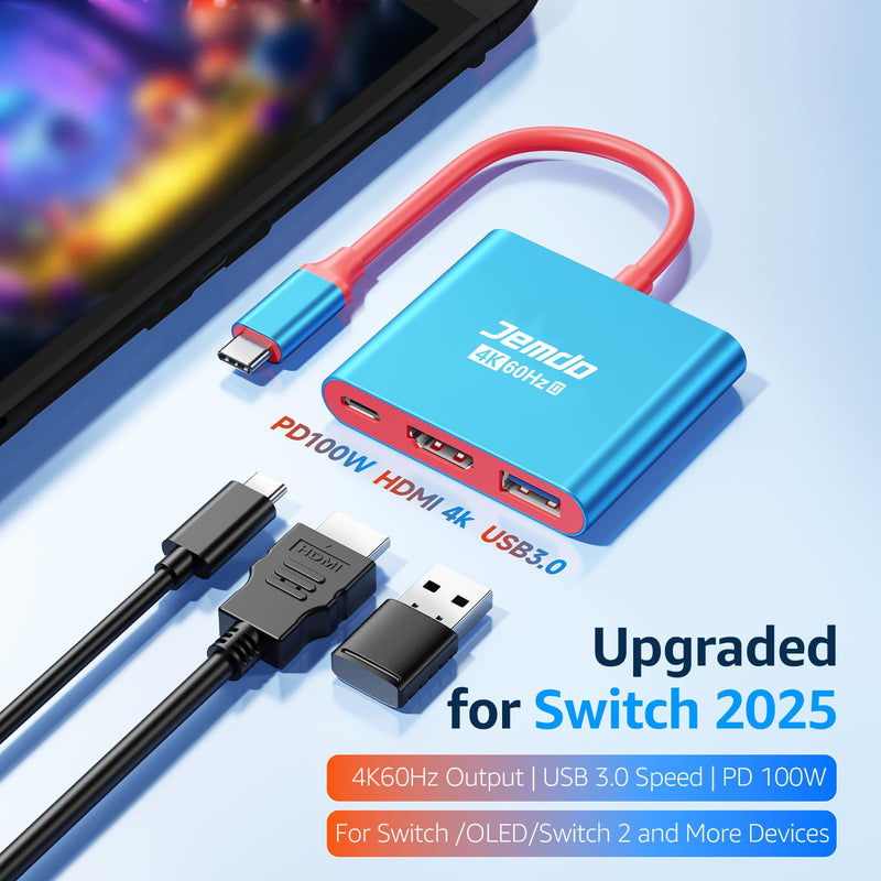 Switch 2 HDMI Adapter Dock Station(3 Ports), 4K 60Hz HDMI 2.0,18Gbps,PD 100W & USB 3.0, Portable USB-C to HDMI Travel Dock for TV Compatible with Nintendo Switch 2/OLED/2017/Steam Deck/ROG Ally 4K60Hz Blue