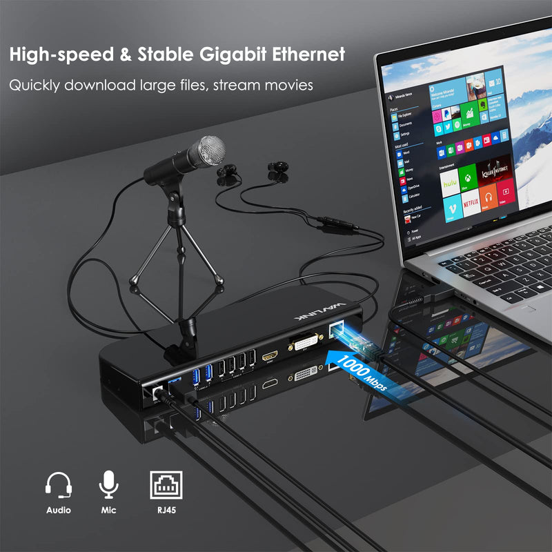 WAVLINK USB Laptop Docking Station Dual Monitors, DisplayLink Computer Dock for M1 M2 Mac and Windows, ChromeOS, Ubuntu 20.04/22.04 (HDMI & HDMI/DVI/VGA, 6xUSB Ports, LAN, Audio) Black