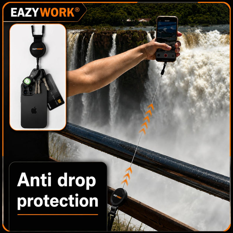 Retractable Phone Tether with Locking Carabiner & metal 360° Anti-Theft Phone Lanyard, 27.5" Steel Cable Phone Leash Black