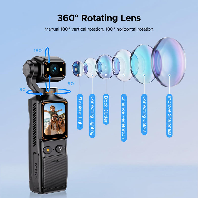 2K Vlogging Camera with 180° Rotating Lens, Handheld Pocket POV Video Camera, WiFi App, 7H Battery, 1.69" Screen, 32GB Card Included for YouTube, TikTok, Travel, Content Creators & Daily Vlogs Solid black
