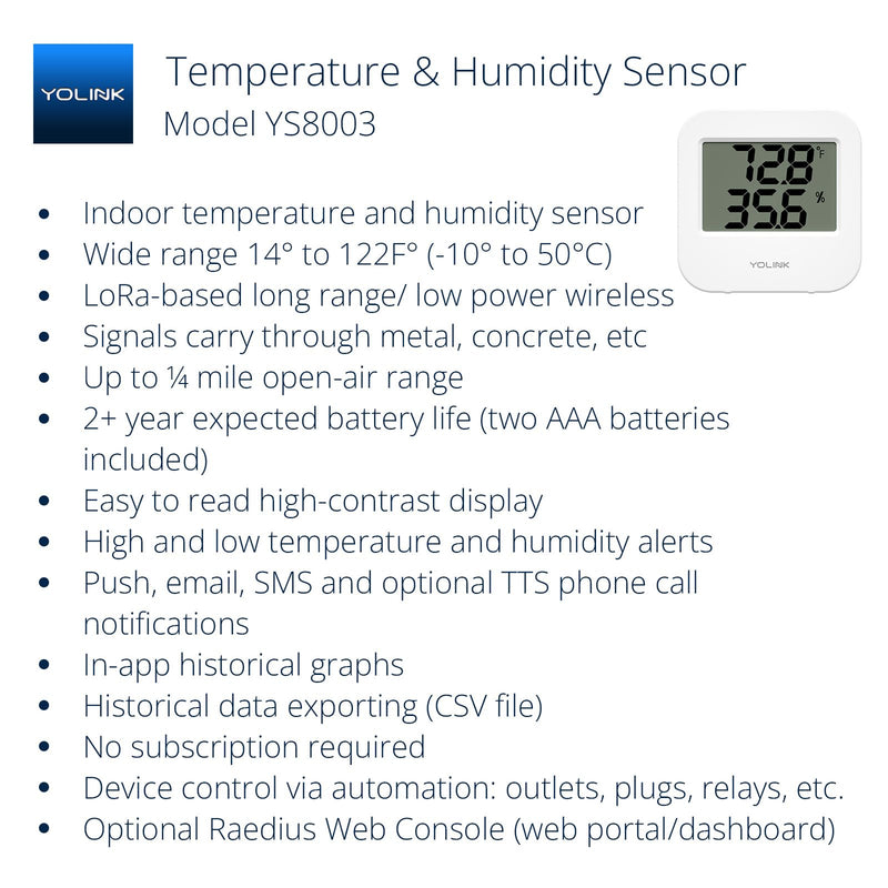 Smart Temperature Humidity Sensor Works w/Alexa IFTTT, 1/4 Mile Super Long Range Wireless Digital Hygrometer Indoor Thermometer Humidity Meter Temperature Humidity Monitor Sensor -YoLink Hub Required