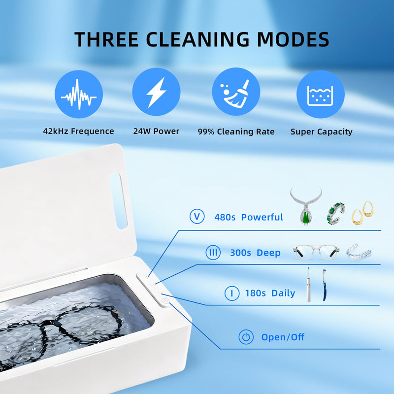 Ultrasonic Jewelry Cleaner Pro for Silver，Eyeglasses, Rings, Retainers, Dentures，Watch Strap, 3 Timer Modes，450ml Capacity (053-P303) 053-P303