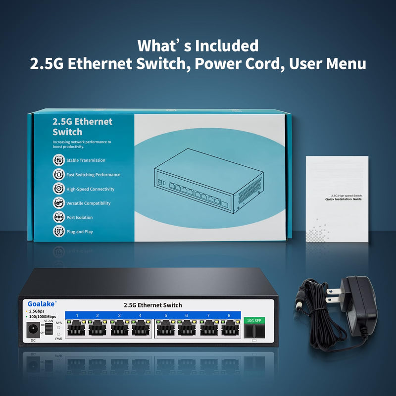 8 Ports Ethernet Switch, 8X 2.5G RJ45 Ports and 1X 10G SFP Ports, 60Gbps Switching Capacity, Ideal for 2.5G NAS, 4K Video, Gaming PC, 2.5G Server, 2.5G WiFi AP,2.5G PCIe Adapter 2.5G Gigabit 9 Ports|8*2.5G+1*10G SFP