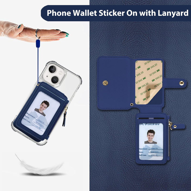 Phone Wallet Stick On,M-Plateau PU Leather Card Holder with Zipper Coin Pocket Compatible with iPhone and iPhone Case for Women with 3M Adhesive and Phone Lanyard Navy Blue