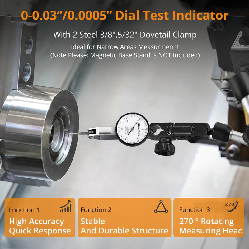 Neoteck Dial Test Indicator with Storage Case, 0-0.03"/0.0005" Test Indicator with 2 Steel Dovetail Clamps 3/8'' and 5/32'' for Machine Set-Up, Narrow Area Measurement -Silver Silver