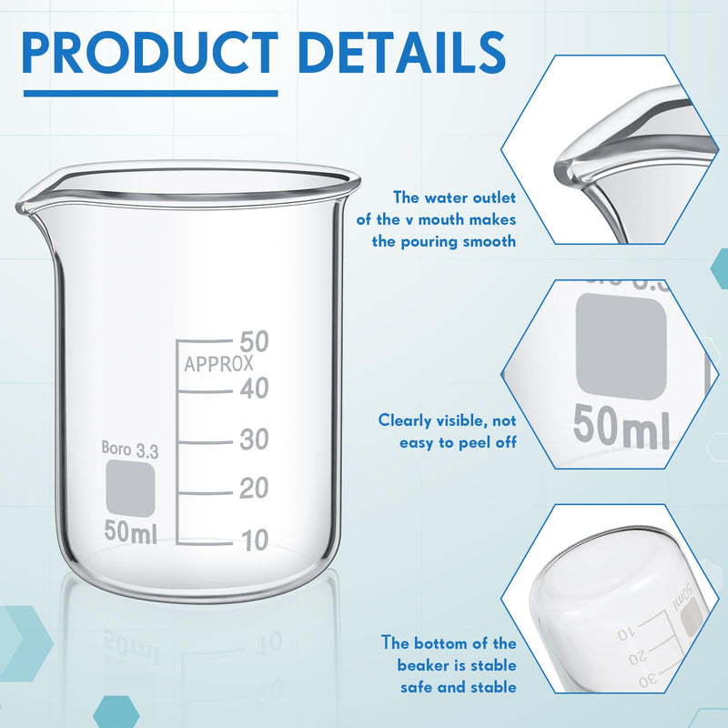 Tanlade 20 Pcs 50 ml Glass Beaker, Heavy Duty Lab Beaker with Printed, High Borosilicate Class Measuring Cups Bulk Graduation for Laboratories or Home
