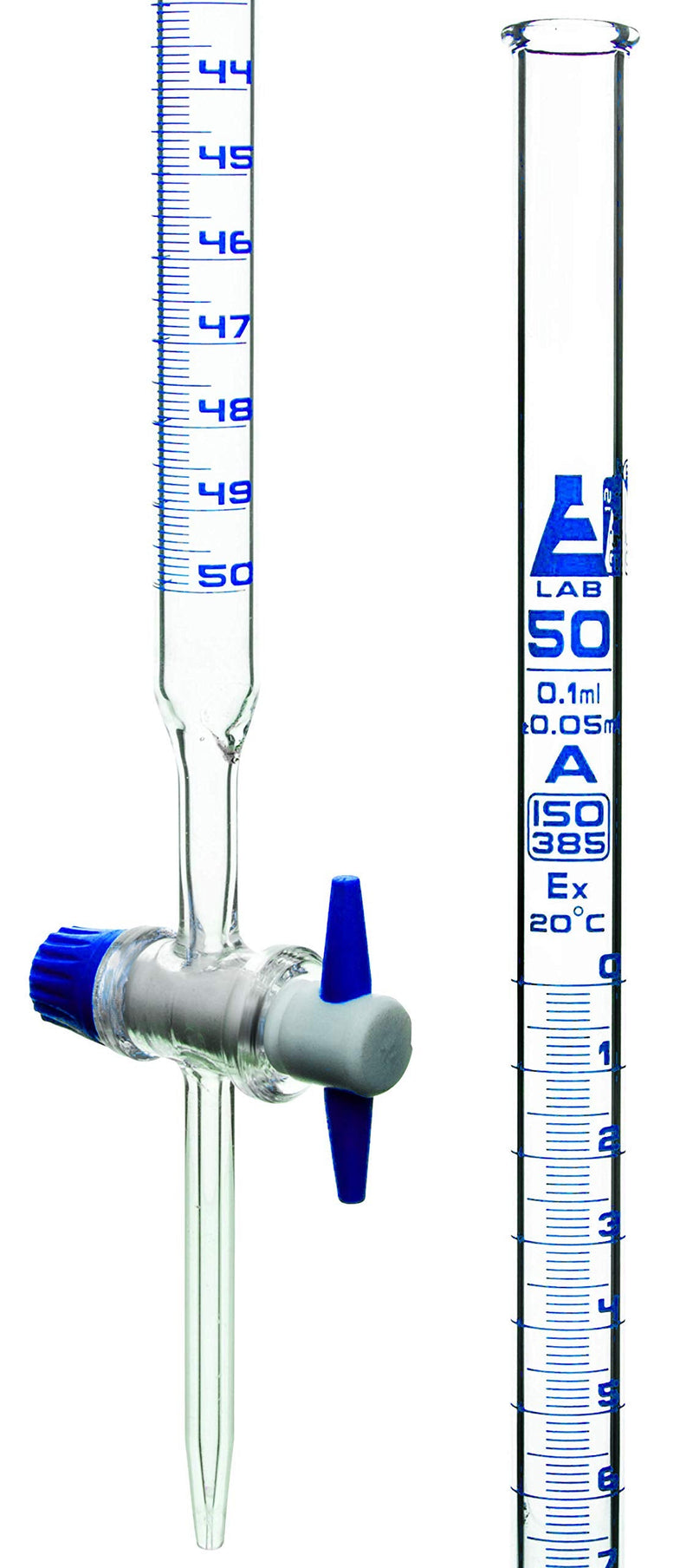 EISCO Burette, 50ml - Class A, ±0.05ml Accuracy - Borosilicate Glass - Straight Bore PTFE Stopcock - 0.1ml Blue Graduations