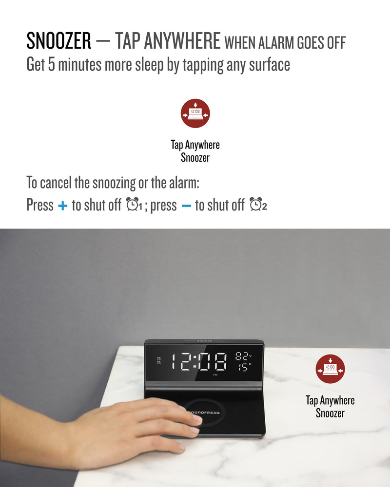 Soundfreaq Charge Rise II, SFQ-20: Digital Alarm Clock, with Dual Alarms, Fast USB Charger and Wireless Charger (Black) Black