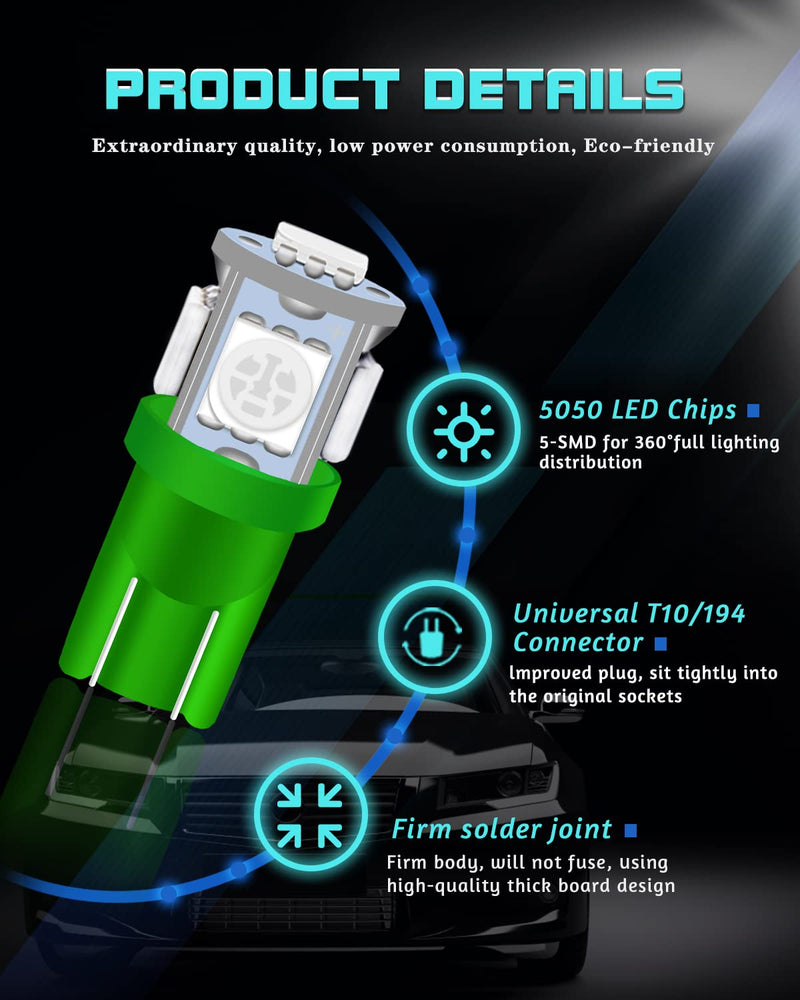 UNXMRFF 25-Pack 194 LED Light Bulb, Super Bright T10 LED Bulb Green, 2825 Bulb 5050 Chipset 5-SMD, W5W 168 LED Bulbs Replacement for 12V Car Interior Dome Map Door Courtesy License Plate Lights 25PCS