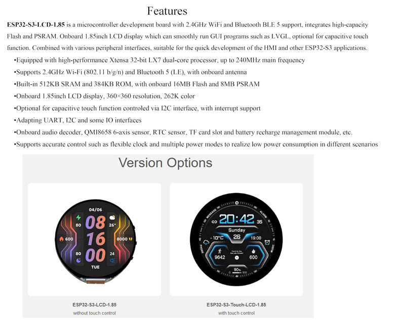 ESP32-S3 1.85inch Touch Display Development Board, 360×360 IPS LCD, Dual-Core Processor Up to 240MHz, Audio Codec, Support Offline Speech Recognition and AI Speech Interaction, with 8Ω 2W Speaker