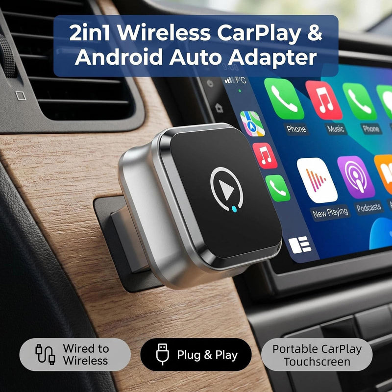 Apple CarPlay Wireless Adapter, 2-in-1 for Android Auto, Gunmetal | Skip the phone cable after setup and use factory-wired CarPlay or Android Auto wirelessly on daily drives
