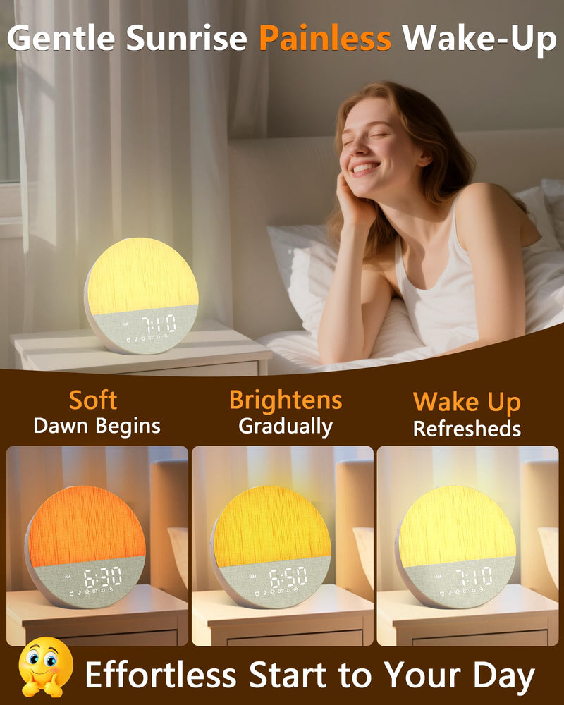 Sunrise Alarm Clock with Sound Machine: Gentle Gradual Wake Up Light for Heavy Sleepers Relieve Anxiety Dimmable Clock with Bluetooth Memory for Bedroom - White Noise Machine with 30 Sleep Sounds 6.5*4.6*6.2 Inch