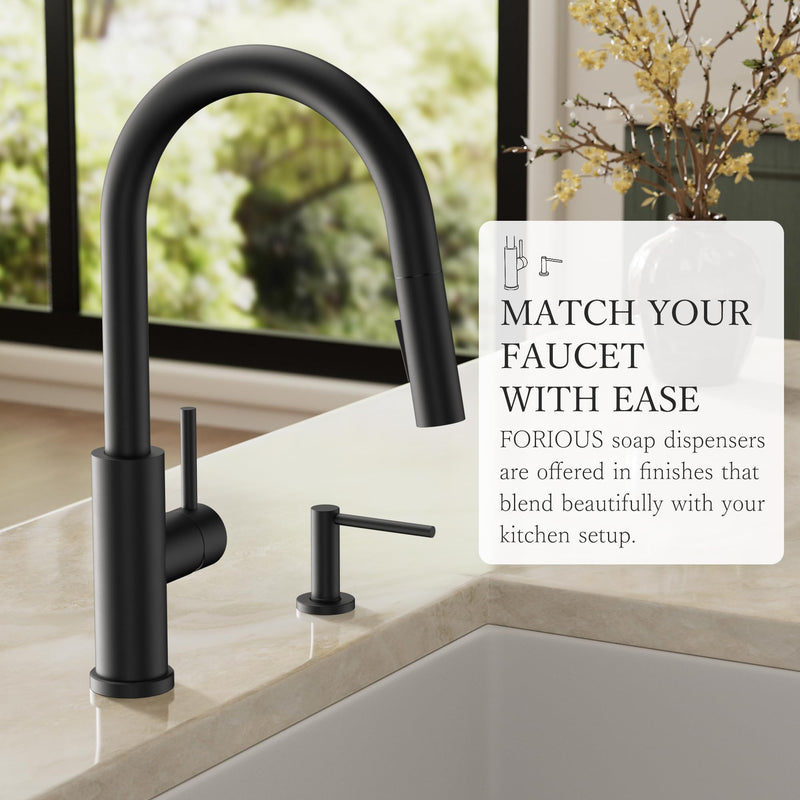 FORIOUS Soap Dispenser for Kitchen Sink, Black Stainless Steel Liquid Dish Soap Dispenser Pump with Top Refill 17oz Soap Bottle, Built in Sink Lotion Dispenser for Kitchen Countertop Matte Black