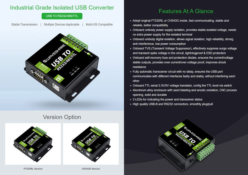 Waveshare USB to RS232 / RS485 / TTL Industrial Isolated Converter with Original FT232RL Embedded Protection Circuits and Aluminium Alloy Enclosure for Industrial Control Equipments USB TO RS232/485/TTL