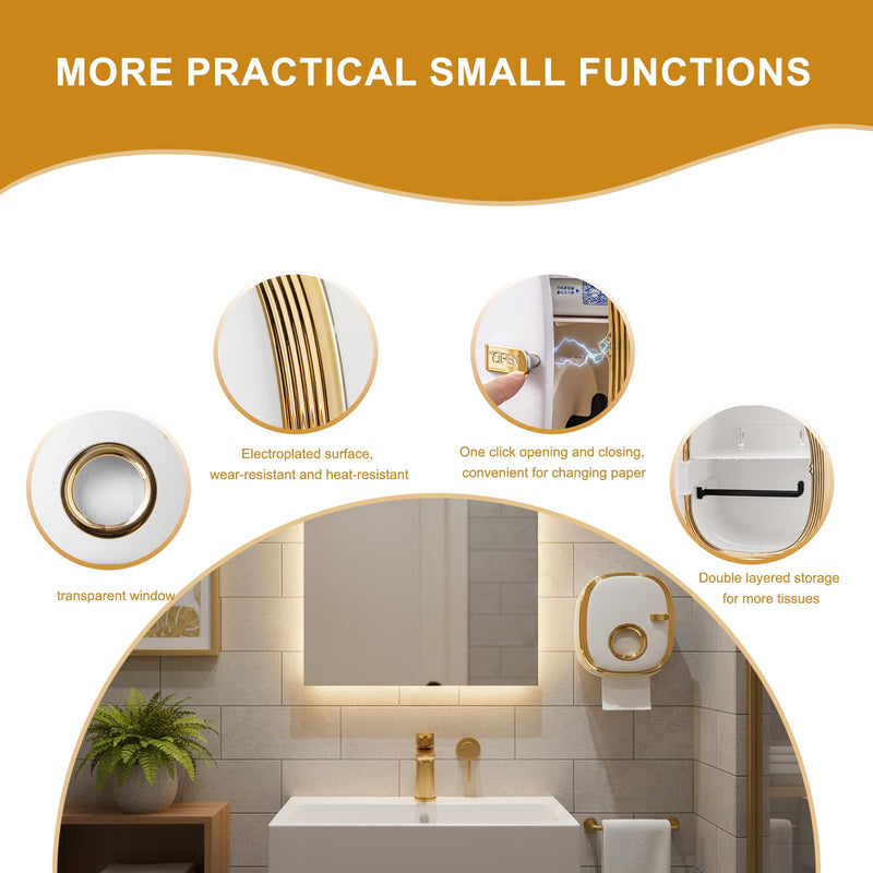 Adhesive Wall Mounted Toilet Paper Holder for Bathroom, Double Layer Space-Saving Organizer with Sealed Enclosed Design, No Drill Installation - White Gold