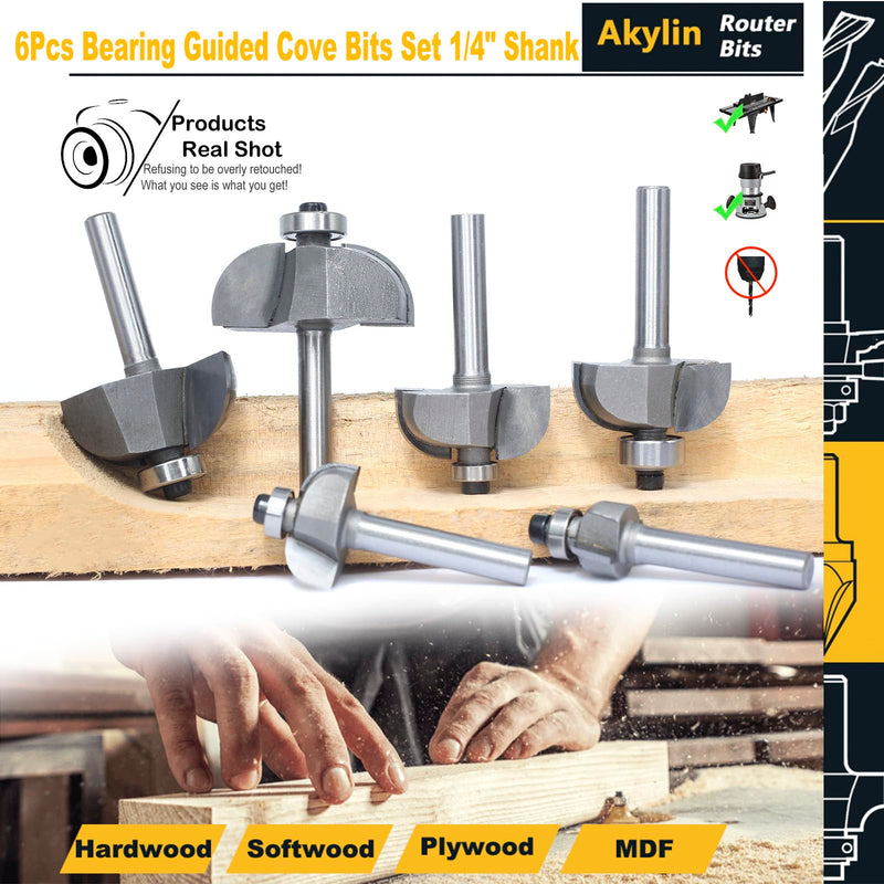 6pcs Cove Router Bit Set,1/4" Shank,Radius 1/8",3/16",5/16",3/8",7/16", and 1/2",Cove Edging Cutter for Wood Edge Profiling,Molding 1/4"x 6pcs