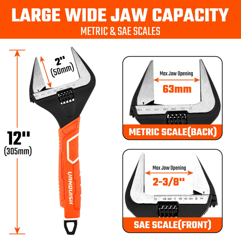 VANQUISH 12 Inch Adjustable Wrench, 2-3/8” Wide Jaw Opening Plumbing Wrench, CR-V Steel, SAE and Metric Scale Marked, With Comfort Grip Handle and Hanging Hole (3154) 12-Inch