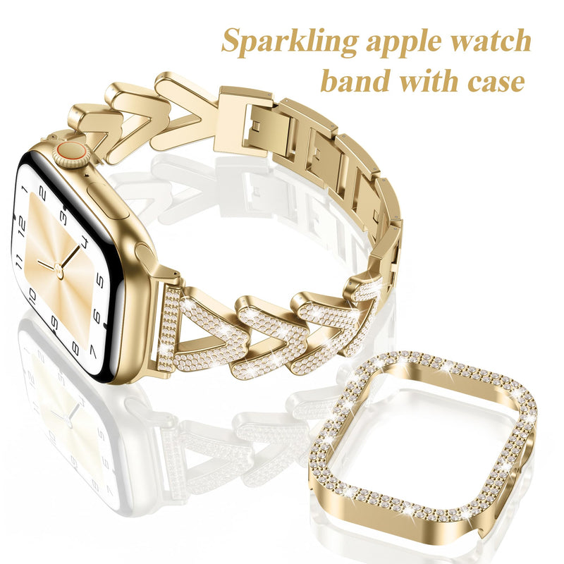 Diamond Bling Band with Case Compatible with Apple Watch bands for Women | Size Options for Apple Watch Series 11/10/9/8/7/SE/6/5/4/3/2/1/Ultra-38mm 40mm 41mm 42mm 44mm 45mm 46mm,Luxury Metal Bracelet Gold 40MM(Series 6/5/4/SE)